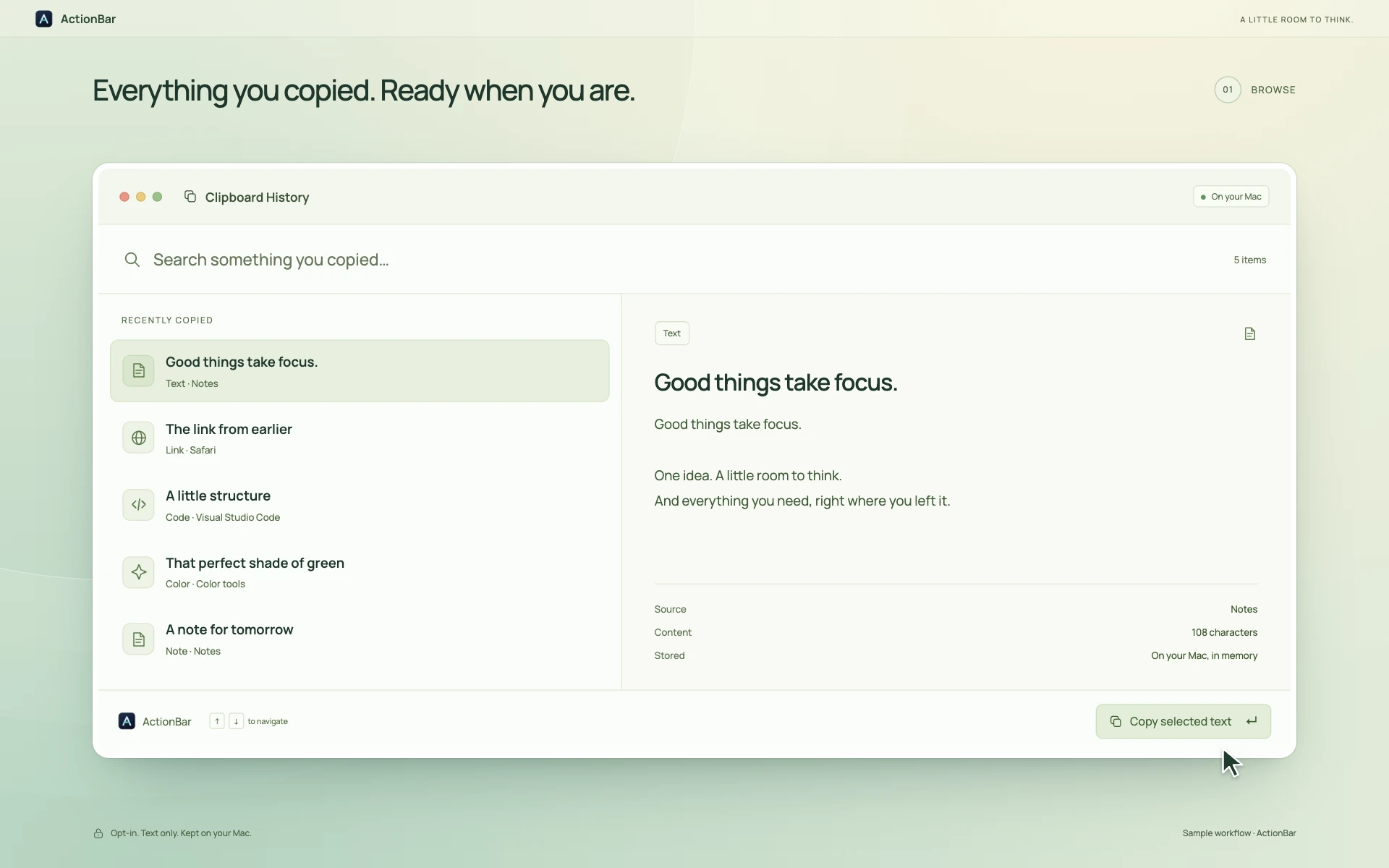 ActionBar Clipboard History showing recent text with a complete content preview.